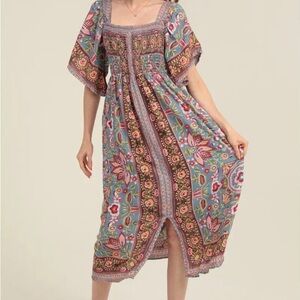 Angie Ruffle Sleeve Boho Smocked Midi Dress